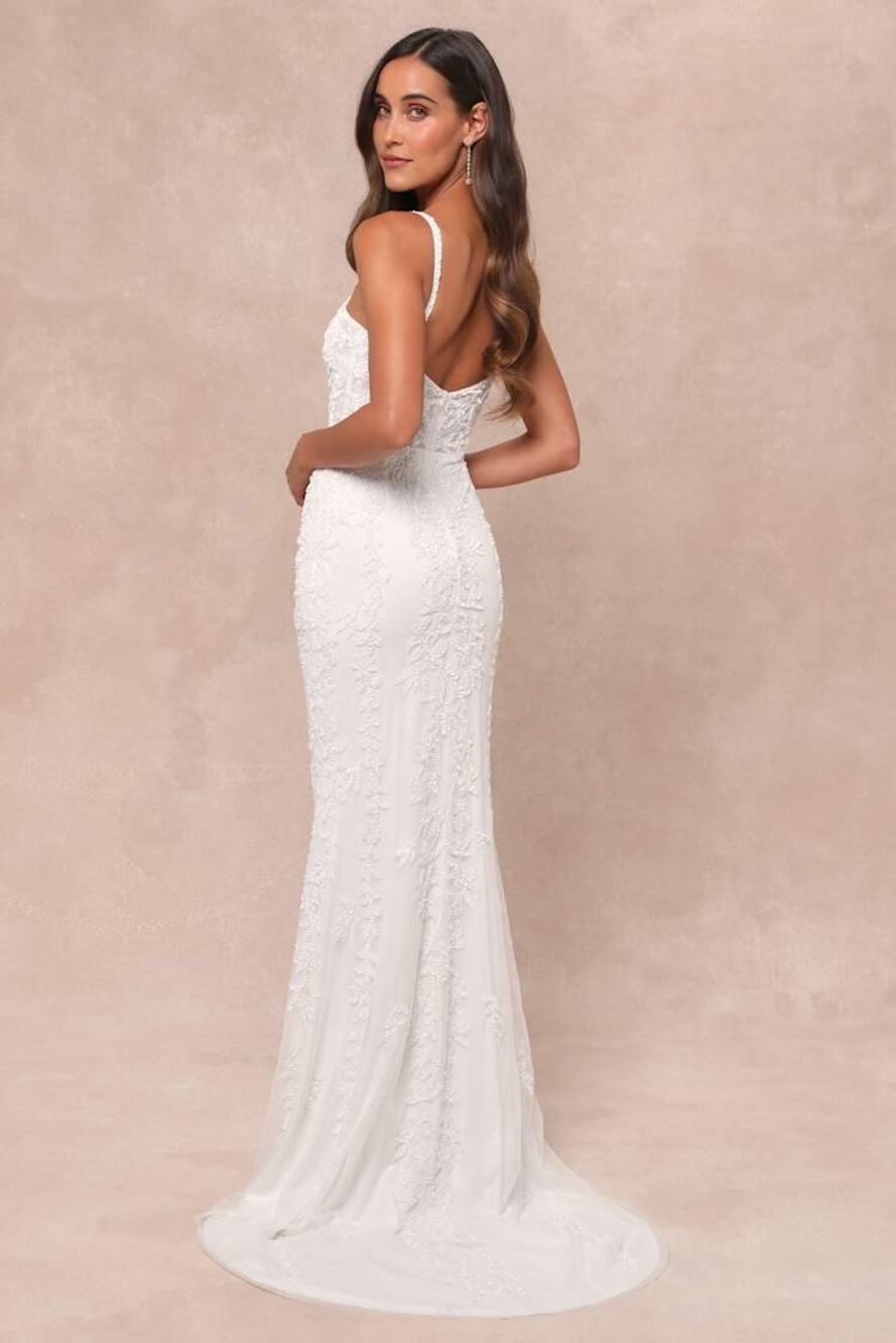 NWT Lulus Momentous Love White Beaded Bustier Mesh Mermaid Maxi Dress Bride XS